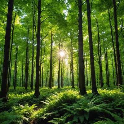 Sonnenlicht filtert durch das Blätterdach eines üppigen, grünen Waldes und wirft ein friedliches, natürliches Licht auf die Szene.