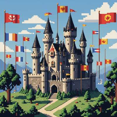 Ein einfaches, pixeliges Schloss mit wehenden Fahnen im Wind, erinnert an 16-Bit-Retro-Videospiele.