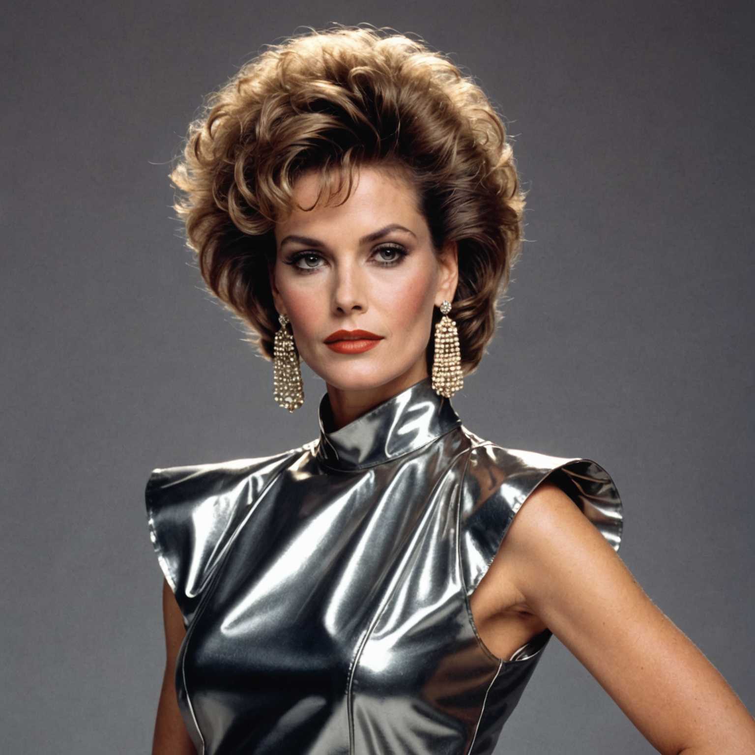 Eine stilvolle Frau, die die Mode der 1980er Jahre verkörpert und selbstbewusst steht. Sie trägt ein metallisches, glänzendes Kleid mit großen Ohrringen und toupiertem Haar.