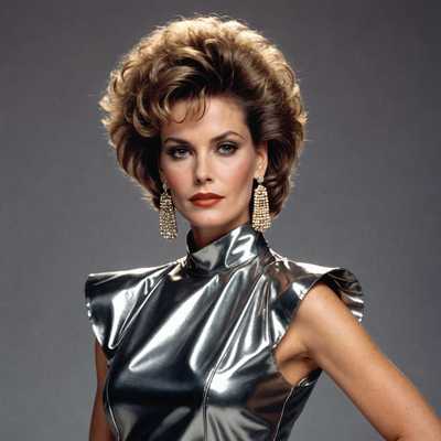 Eine stilvolle Frau, die die Mode der 1980er Jahre verkörpert und selbstbewusst steht. Sie trägt ein metallisches, glänzendes Kleid mit großen Ohrringen und toupiertem Haar.