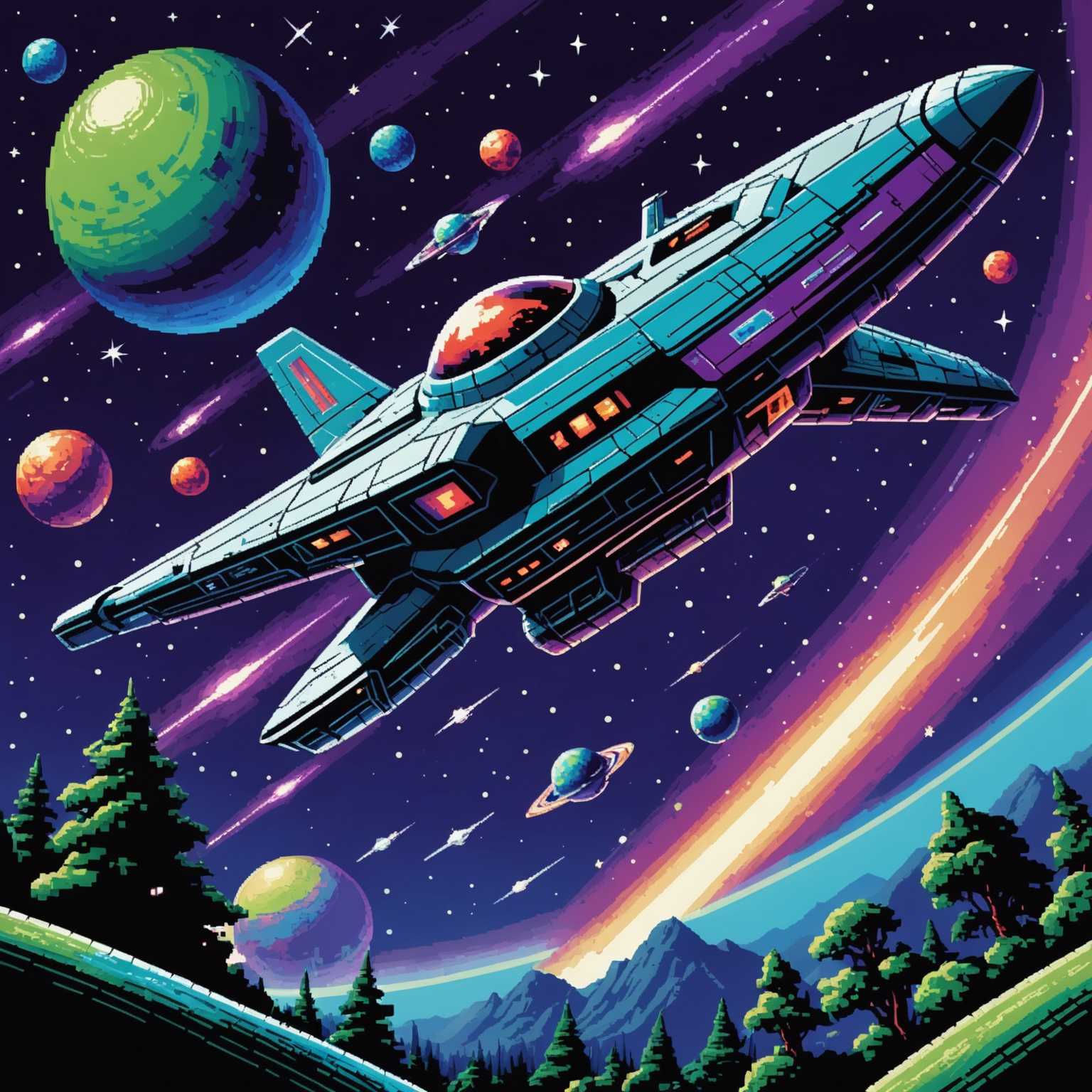 Das Bild zeigt ein verpixeltes Cover-Art eines Retro-Videospiels. Ein Raumschiff fliegt im Weltraum mit Sternen und Planeten im Hintergrund. Eine große, bedrohliche Alien-Kreatur steht dem Raumschiff gegenüber und sieht kampfbereit aus. Die Farben sind lebendig mit einer Mischung aus Blau, Lila und Grün. Der Stil erinnert an die 8-Bit-Videospielgrafiken der 1980er Jahre. Der Spieltitel wird oben in fettgedruckten, verpixelten Buchstaben angezeigt, und es gibt kleinere Textelemente, die den Spieleentwickler und Publisher am unteren Rand anzeigen.