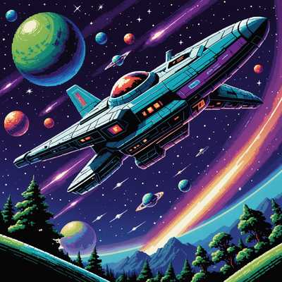 Das Bild zeigt ein verpixeltes Cover-Art eines Retro-Videospiels. Ein Raumschiff fliegt im Weltraum mit Sternen und Planeten im Hintergrund. Eine große, bedrohliche Alien-Kreatur steht dem Raumschiff gegenüber und sieht kampfbereit aus. Die Farben sind lebendig mit einer Mischung aus Blau, Lila und Grün. Der Stil erinnert an die 8-Bit-Videospielgrafiken der 1980er Jahre. Der Spieltitel wird oben in fettgedruckten, verpixelten Buchstaben angezeigt, und es gibt kleinere Textelemente, die den Spieleentwickler und Publisher am unteren Rand anzeigen.