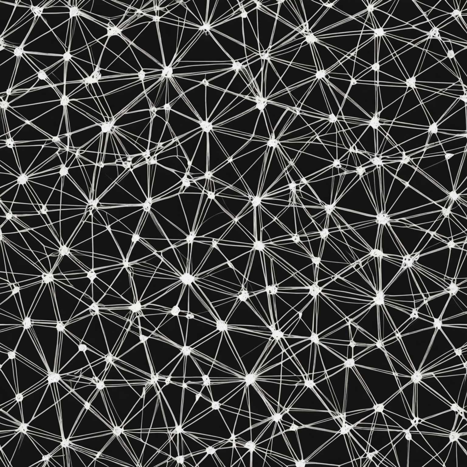 In dem Bild sehe ich eine abstrakte Darstellung von miteinander verbundenen Linien und Formen, die ein komplexes, netzartiges Muster erzeugen. Die Linien variieren in ihrer Dicke, einige sind fett und prominent, während andere schlank und zart sind, miteinander verschlungen und sich überschneidend. Die durch diese sich kreuzenden Linien geformten Formen sind unregelmäßig und asymmetrisch, wobei einige geometrischen Figuren wie Dreiecken, Kreisen und Polygonen ähneln. Die Komposition ist hauptsächlich monochrom, mit einem starken Kontrast zwischen den schwarzen Linien und dem weißen Hintergrund, was die Komplexität und Flüssigkeit des Designs betont. Es gibt keine erkennbaren Objekte oder Figuren, nur ein abstrakter, kontinuierlicher Fluss von Linien, die zu fließen und sich zu verweben scheinen und einen dynamischen und auffälligen visuellen Effekt erzeugen.