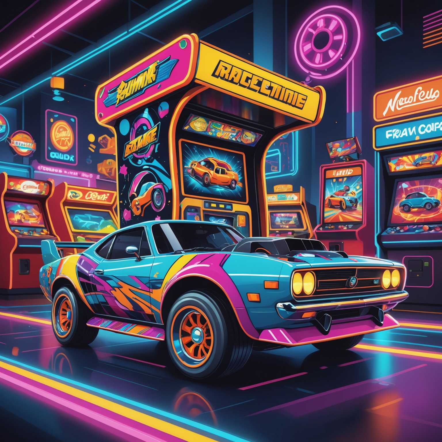 Eine lebendige, im Cartoon-Stil gehaltene Illustration eines Arcade-Spiels mit einem bunten Rennfahrzeug. Das Fahrzeug ist dynamisch und elegant mit übertriebenen, verspielten Merkmalen, darunter überdimensionierte Räder, leuchtende Farben und übertriebene Linien. Der Hintergrund ist geschäftig mit einer lebhaften, animierten Atmosphäre, die energiegeladene Muster, Neonlichter und verspielte, skurrile Details zeigt, die eine spaßige und aufregende Stimmung vermitteln. Charaktere könnten entweder im Fahrzeug oder in dessen Umgebung zu sehen sein, was die spielerische und fesselnde Erzählung noch verstärkt.