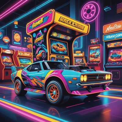 Eine lebendige, im Cartoon-Stil gehaltene Illustration eines Arcade-Spiels mit einem bunten Rennfahrzeug. Das Fahrzeug ist dynamisch und elegant mit übertriebenen, verspielten Merkmalen, darunter überdimensionierte Räder, leuchtende Farben und übertriebene Linien. Der Hintergrund ist geschäftig mit einer lebhaften, animierten Atmosphäre, die energiegeladene Muster, Neonlichter und verspielte, skurrile Details zeigt, die eine spaßige und aufregende Stimmung vermitteln. Charaktere könnten entweder im Fahrzeug oder in dessen Umgebung zu sehen sein, was die spielerische und fesselnde Erzählung noch verstärkt.