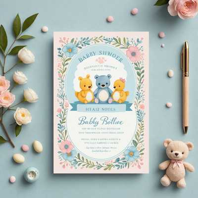 Die Abbildung zeigt eine wunderschön gestaltete Einladungskarte zu einer Babyparty, die auf einer minimalistischen, hellen Oberfläche platziert ist. Die Karte hat eine weiche Pastellfarbpalette, die überwiegend babyblaue und hellrosa Farbtöne aufweist. Sie ist mit niedlichen, verspielten Illustrationen wie Babyfläschchen, Rasseln, kleinen niedlichen Tieren wie Teddybären und Entchen sowie zarten Blumenmustern verziert. Der Text auf der Karte ist in einer eleganten, verspielten Schrift geschrieben und kündigt eine Babyparty an. Die Ecken der Karte sind leicht abgerundet, was ihr ein sanftes, einladendes Gefühl verleiht. Um die Karte herum befinden sich einige kleine dekorative Gegenstände, die das Thema ergänzen, wie ein pastellfarbener Schnuller, ein kleines Plüschtier und vielleicht ein paar ordentlich zusammengerollte Babysocken. Die gesamte Komposition ist sauber und fokussiert und betont das freudige und zärtliche Thema einer Babyparty.