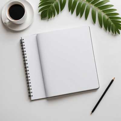 Ein sauberes, weißes Produkt-Mockup-Foto eines weißen Notizbuchs, das ordentlich auf einem minimalistischen, hellen Hintergrund angeordnet ist.