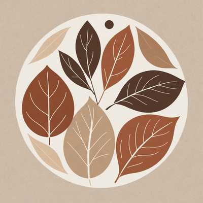 Das Bild zeigt einen boho-minimalistischen Kunstdruck mit abstrakten Formen und neutralen Tönen. Das Design umfasst eine Kombination aus geometrischen Formen, wie einem Kreis, und organischen Elementen wie einem Blatt. Die Farbpalette besteht aus erdigen Tönen wie Beige, Terrakotta und sanften Brauntönen, die einen warmen und beruhigenden Effekt erzeugen. Die Gesamtkomposition ist sauber und ausgewogen, mit ausreichend negativem Raum, der die luftige und moderne Ästhetik verstärkt.