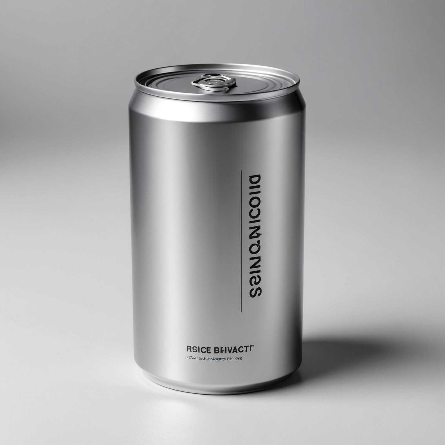 Das Bild zeigt eine zylindrische Dose mit einem schlanken, modernen Design. Die Dose ist metallisch mit einem glänzenden Finish, das Licht subtil reflektiert. Es verfügt über saubere und minimalistische Markenelemente, wie ein einfaches Logo und Text. Der Hintergrund ist schlicht und unaufdringlich, wahrscheinlich weiß oder hellgrau, um den Fokus ganz auf das Produkt zu lenken. Die Dose steht aufrecht, und die Beleuchtung ist gleichmäßig, wodurch die Konturen und die Oberflächentextur der Dose hervorgehoben werden. Es können leichte Schatten um die Basis der Dose vorhanden sein, die dem Foto Tiefe verleihen.
