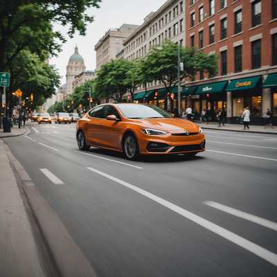 Das Bild zeigt ein einzelnes Auto, das mit unterschiedlichen Geschwindigkeiten auf einer städtischen Straße fährt. Der Hintergrund umfasst verschwommene Gebäude, Straßenlaternen und etwas Grün, was Bewegung und Geschwindigkeit betont. Die schlanken Linien des Fahrzeugs und die Bewegungsunschärfe verleihen der lebhaften Szene des Stadtlebens ein Gefühl von Aufregung und Dynamik.