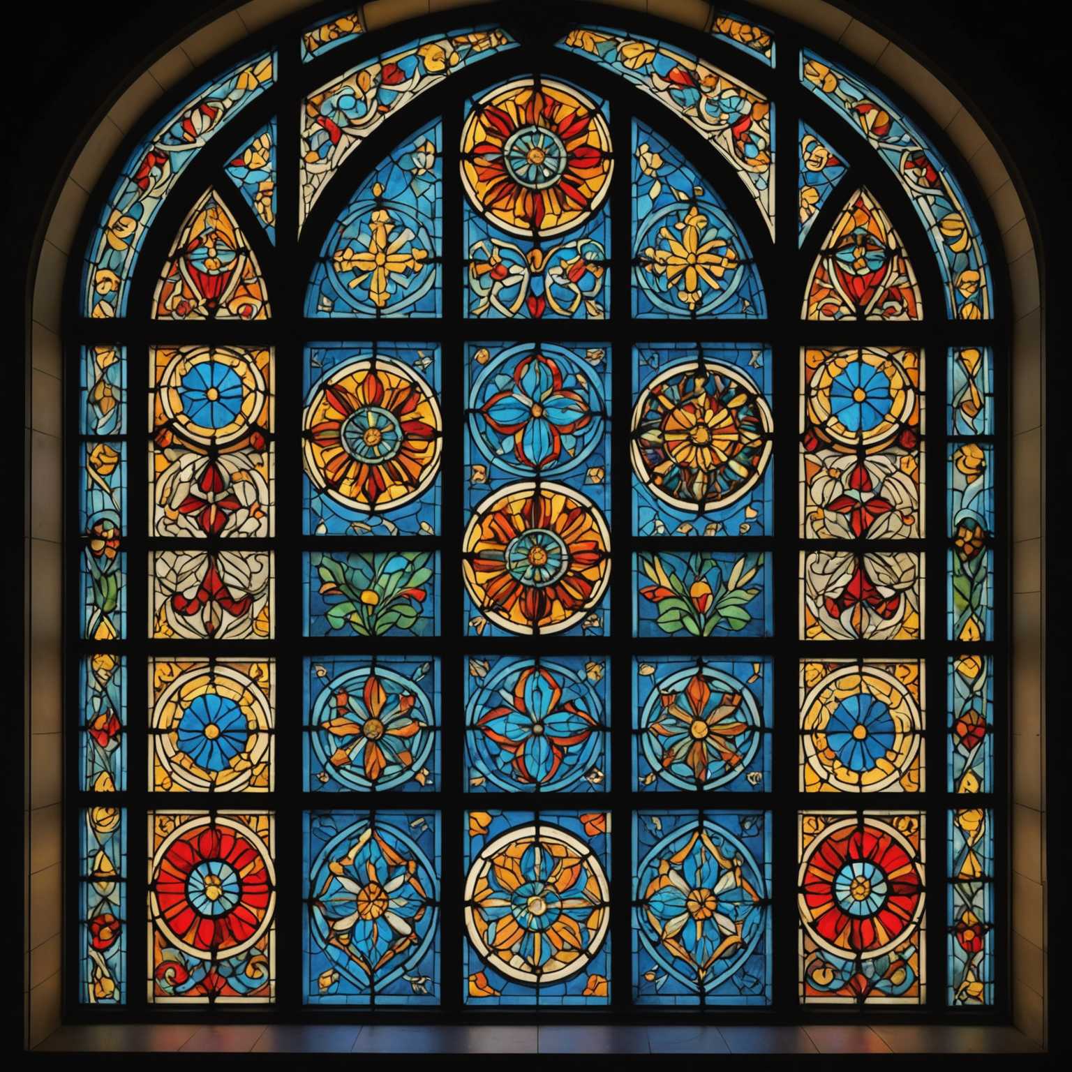 Das Bild zeigt eine Reihe lebendiger Buntglasfenster, die denen in einer Kathedrale ähneln. Die Fenster sind mit komplizierten Mustern und Designs gefüllt und zeigen ein Kaleidoskop aus Farben, darunter kräftiges Blau, strahlendes Rot, lebhaftes Gelb und üppiges Grün. Jede Scheibe des Buntglases weist einzigartige, symmetrische Motive und Formen auf, wie Blumenmuster, geometrische Muster und abstrakte Formen, die ein fesselndes Licht- und Farbenspiel erzeugen. Die Gesamtauswirkung ist eine von Schönheit und Gelassenheit und ruft das Gefühl des Staunens hervor, das oft beim Betrachten der Pracht historischer Kathedralenarchitektur erlebt wird.