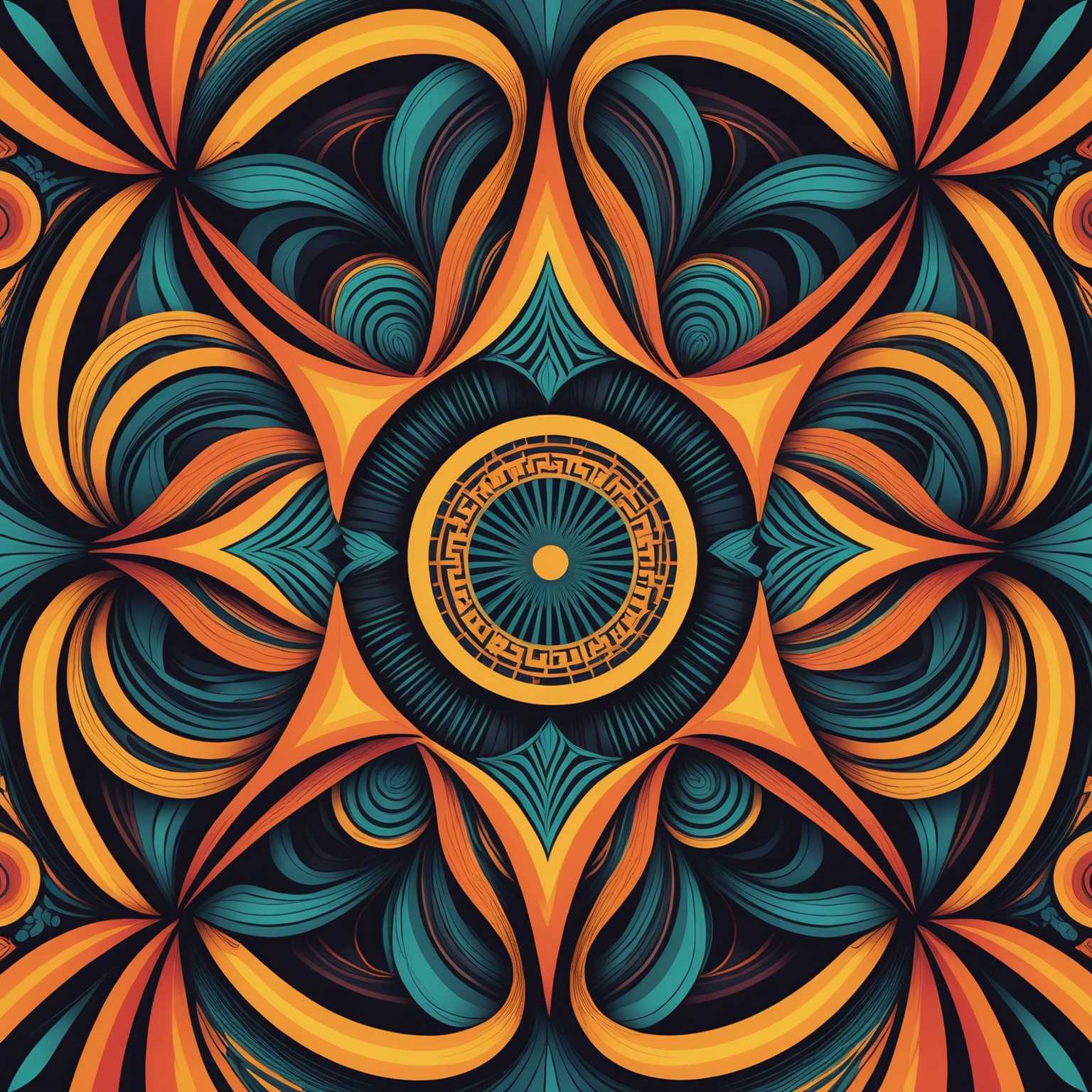 Die Abbildung zeigt eine faszinierende optische Kunstillustration, die sich durch komplizierte Muster und lebendige Farben auszeichnet. Sie verwendet eine Kombination aus geometrischen Formen und geschwungenen Linien, um einen hypnotischen, nahezu dreidimensionalen Effekt zu erzeugen. Die Muster scheinen sich zu bewegen und zu verändern, was eine dynamische, psychedelische Empfindung erzeugt. Kräftige Kontraste und Farbverläufe verstärken die Tiefe und Komplexität des Designs. Der Gesamtstil ist sowohl modern als auch surreal und vereint abstrakte Kunst mit einer lebhaften, traumähnlichen Ästhetik.