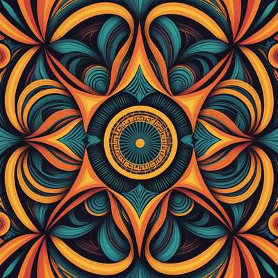 Die Abbildung zeigt eine faszinierende optische Kunstillustration, die sich durch komplizierte Muster und lebendige Farben auszeichnet. Sie verwendet eine Kombination aus geometrischen Formen und geschwungenen Linien, um einen hypnotischen, nahezu dreidimensionalen Effekt zu erzeugen. Die Muster scheinen sich zu bewegen und zu verändern, was eine dynamische, psychedelische Empfindung erzeugt. Kräftige Kontraste und Farbverläufe verstärken die Tiefe und Komplexität des Designs. Der Gesamtstil ist sowohl modern als auch surreal und vereint abstrakte Kunst mit einer lebhaften, traumähnlichen Ästhetik.