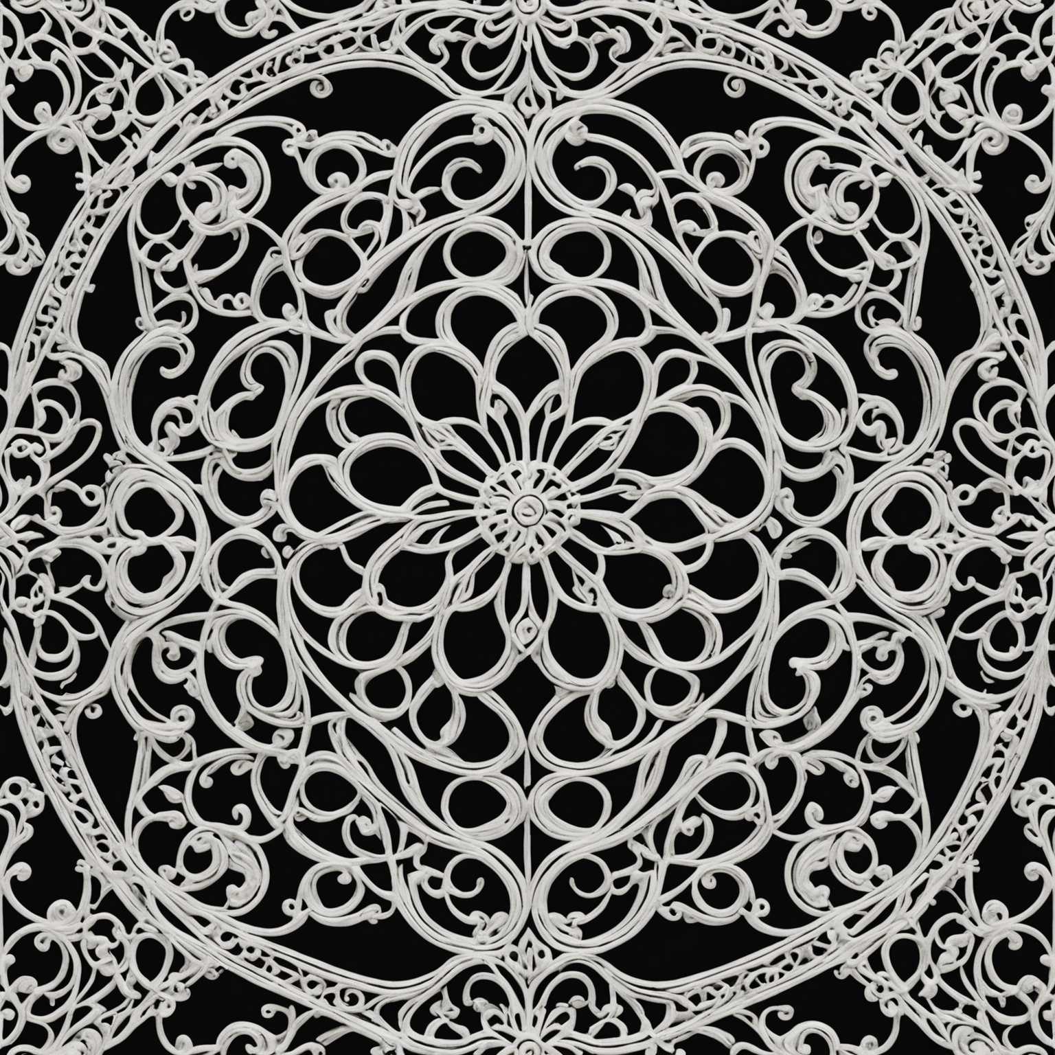 Das Bild besteht aus ausgeklügelten, dekorativen Liniendesigns, die abstrakte, symmetrische Muster bilden. Die Muster umfassen eine Vielzahl von miteinander verbundenen Wirbeln, Kurven und Schleifen, die ein Aussehen ähnlich wie zarte Spitze oder Filigran hervorrufen. Die Linien sind akribisch detailliert und gleichmäßig verteilt, was zu einer harmonischen und ausgewogenen Komposition beiträgt. Der Gesamtstil kombiniert Elemente künstlerischer Eleganz und akribischer Handwerkskunst und vermittelt ein Gefühl von raffinierter Schönheit und Raffinesse. Die Farbpalette ist monochrom und betont die komplizierten Details und die Linienführung.