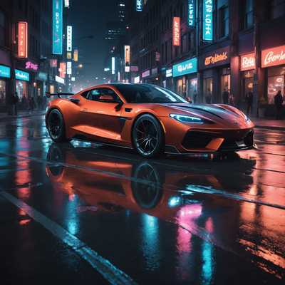 Eine energiegeladene Szene eines schlanken, futuristischen 3D-gerenderten Sportwagens in mitten des Drifts auf einer urbanen Straße bei Nacht. Die Scheinwerfer des Autos erzeugen brillante Lichtstreifen, die das glänzende, nasse Pflaster beleuchten. Neonlichter von nahegelegenen Gebäuden spiegeln sich auf der glänzenden Oberfläche des Autos wider und schaffen eine lebendige, cyberpunkartige Atmosphäre. Die Reifen des Autos rauchen und fangen die Intensität und Bewegung des Drifts ein. Im Hintergrund ist eine Stadtlandschaft mit hoch aufragenden Wolkenkratzern und dynamischen Straßenlichtern zu sehen. Der Gesamteindruck ist hochdetailliert und hyperrealistisch, strahlt eine High-Tech, moderne Ästhetik aus.
