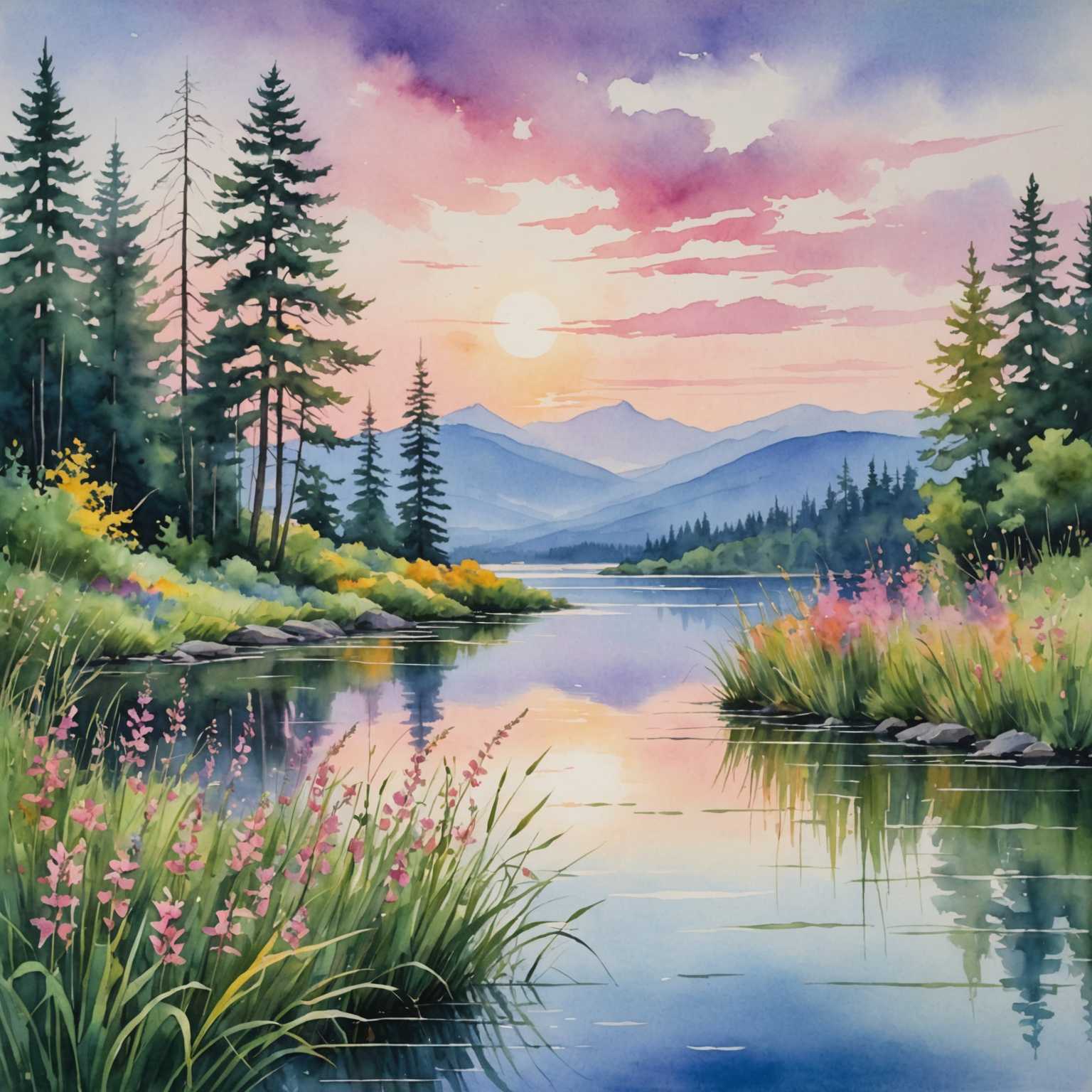 Ein lebendiges Aquarellgemälde, das eine ruhige Naturszene zeigt. Im Vordergrund sind zarte Wildblumen und hohe Gräser, die sanft wogen. Dahinter spiegelt ein ruhiger Fluss oder See den bunten Himmel in Tönen von Pink, Blau und Lila. Bäume mit üppigem grünen Laub säumen das Ufer, und ferne Berge verleihen dem Hintergrund Tiefe. Die gesamte Komposition strahlt ein Gefühl von Ruhe und Harmonie mit der Natur aus.