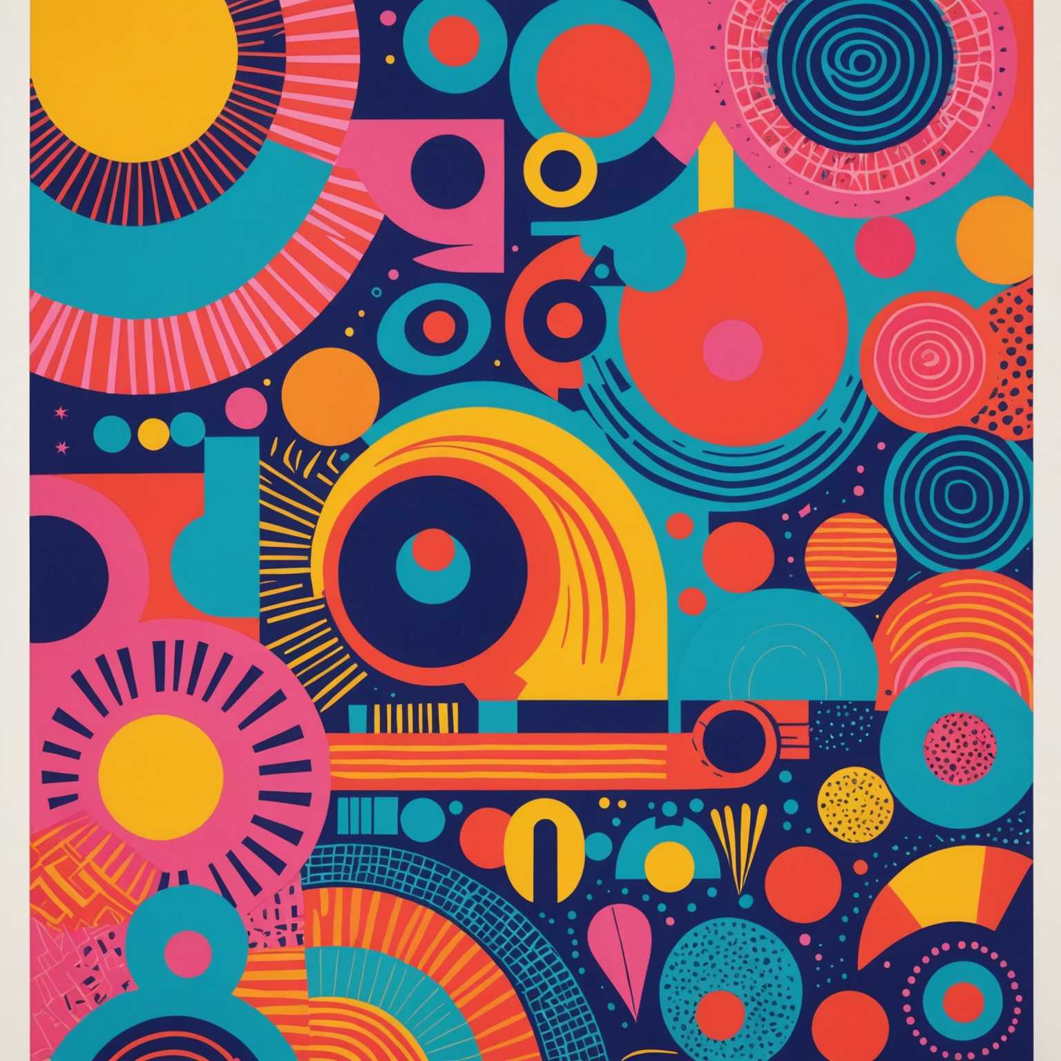 Das Bild zeigt einen bunten und ausgefallenen Risograph-Poster mit einer künstlerischen Illustration. Leuchtende, kräftige Farben und fantasievolle Designs prägen das Poster, das eine Kombination aus abstrakten Formen, verspielten Mustern und skurrilen Charakteren darstellt. Das Gesamtbild ist modern und auffällig, und fängt die Essenz der zeitgenössischen Kunst ein.