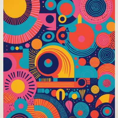 Das Bild zeigt einen bunten und ausgefallenen Risograph-Poster mit einer künstlerischen Illustration. Leuchtende, kräftige Farben und fantasievolle Designs prägen das Poster, das eine Kombination aus abstrakten Formen, verspielten Mustern und skurrilen Charakteren darstellt. Das Gesamtbild ist modern und auffällig, und fängt die Essenz der zeitgenössischen Kunst ein.