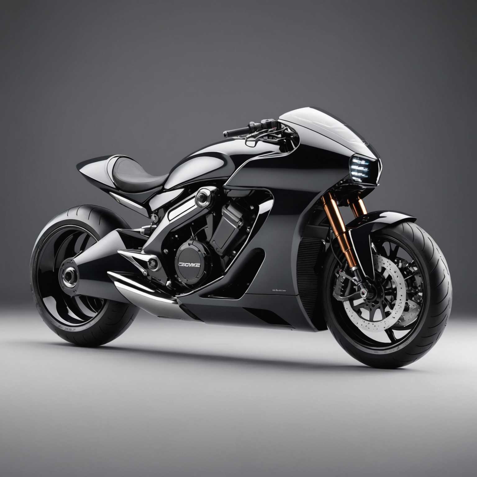Ein elegantes, futuristisches Motorrad mit aerodynamischem Design und geschwungenen Linien. Das Motorrad verfügt über fortschrittliche Technologie und Materialien, einen stromlinienförmigen Körper, integrierte Leuchten und minimalistische Bedienelemente. Die Räder sind groß und robust, was das Hochleistungserscheinungsbild des Fahrzeugs verstärkt. Die Gesamtaesthetik ist modern und anspruchsvoll und symbolisiert eine Kombination aus Innovation und Luxus.