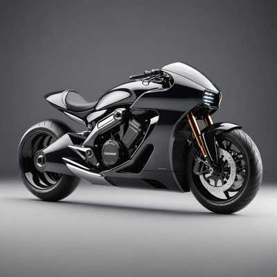 Ein elegantes, futuristisches Motorrad mit aerodynamischem Design und geschwungenen Linien. Das Motorrad verfügt über fortschrittliche Technologie und Materialien, einen stromlinienförmigen Körper, integrierte Leuchten und minimalistische Bedienelemente. Die Räder sind groß und robust, was das Hochleistungserscheinungsbild des Fahrzeugs verstärkt. Die Gesamtaesthetik ist modern und anspruchsvoll und symbolisiert eine Kombination aus Innovation und Luxus.