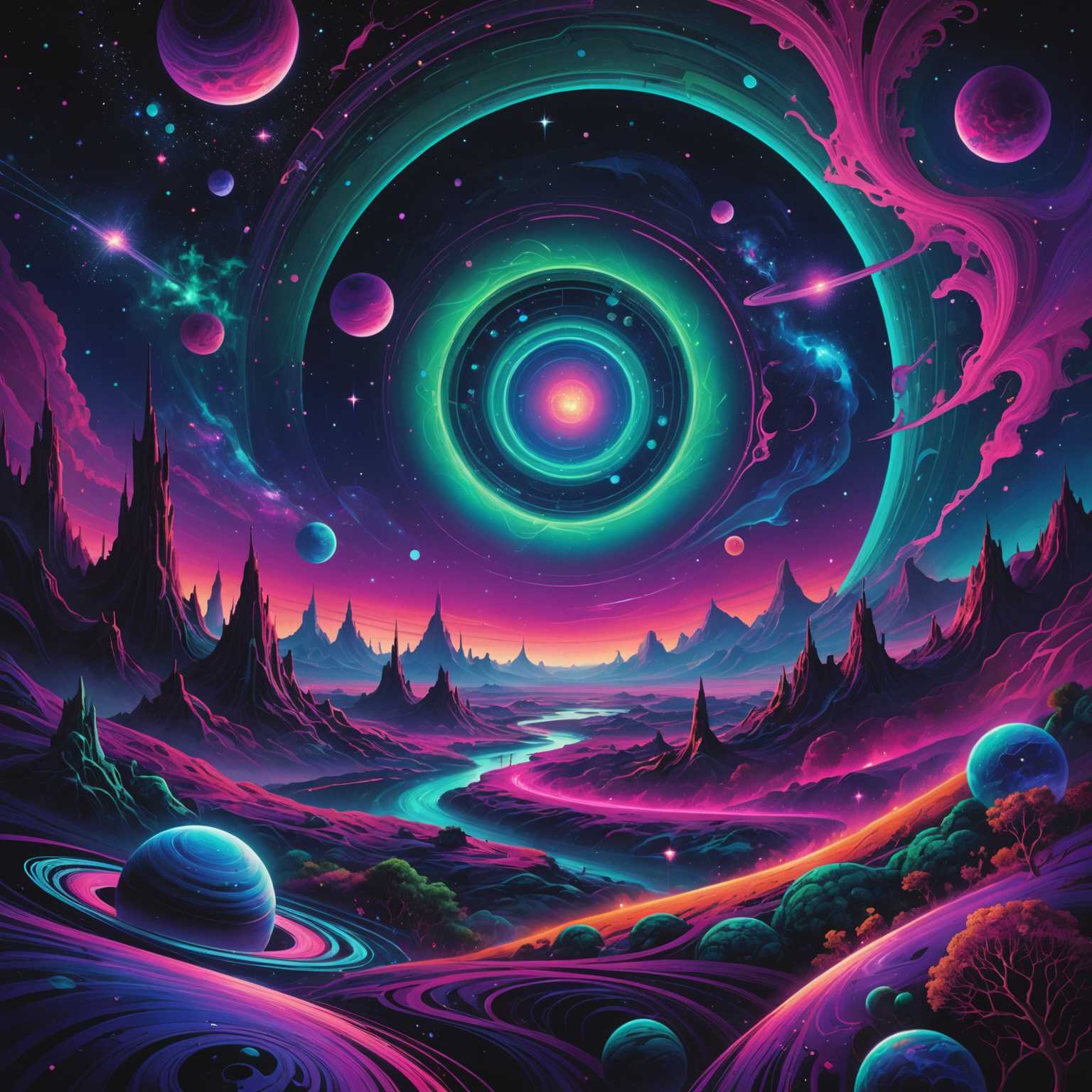 Ein lebendiges und surreales kosmisches Landschaftsbild, gefüllt mit wirbelnden Neontönen und komplizierten Mustern. Der Hintergrund ist ein tiefes, sternenübersätes All mit Tönen von dunklem Blau und Purpur. Auffällige Neonrosatöne, elektrische Blautöne und strahlende Grüntöne durchziehen die Szene wie ätherische Energieströme. Himmelskörper, darunter leuchtende Planeten und funkelnde Sterne, sind überall verstreut und werfen ein anderes weltliches Licht. Abstrakte Formen und Fraktaldesigns bilden ein fesselndes Wandteppichmuster und verschmelzen nahtlos mit den kosmischen Elementen. Der Gesamteffekt ist eine traumhafte, psychedelische Vision, die sowohl unendlich als auch immersiv wirkt.