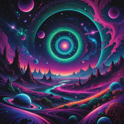 Ein lebendiges und surreales kosmisches Landschaftsbild, gefüllt mit wirbelnden Neontönen und komplizierten Mustern. Der Hintergrund ist ein tiefes, sternenübersätes All mit Tönen von dunklem Blau und Purpur. Auffällige Neonrosatöne, elektrische Blautöne und strahlende Grüntöne durchziehen die Szene wie ätherische Energieströme. Himmelskörper, darunter leuchtende Planeten und funkelnde Sterne, sind überall verstreut und werfen ein anderes weltliches Licht. Abstrakte Formen und Fraktaldesigns bilden ein fesselndes Wandteppichmuster und verschmelzen nahtlos mit den kosmischen Elementen. Der Gesamteffekt ist eine traumhafte, psychedelische Vision, die sowohl unendlich als auch immersiv wirkt.