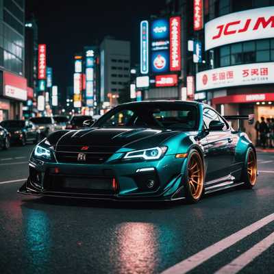 Ein schlanker, modifizierter japanischer Sportwagen mit tiefer Haltung und breitem Bodykit. Das Auto verfügt über lebendige, auffällige Farben, möglicherweise mit Rennaufklebern und -stickern. Es hat maßgeschneiderte Alufelgen, aggressive vordere und hintere Stoßstangen, Seitenschweller und einen großen Heckspoiler. Der Hintergrund zeigt eine Stadtlandschaft mit Neonlichtern und Schildern, was zur allgemeinen JDM-Ästhetik (Japanese Domestic Market) beiträgt.