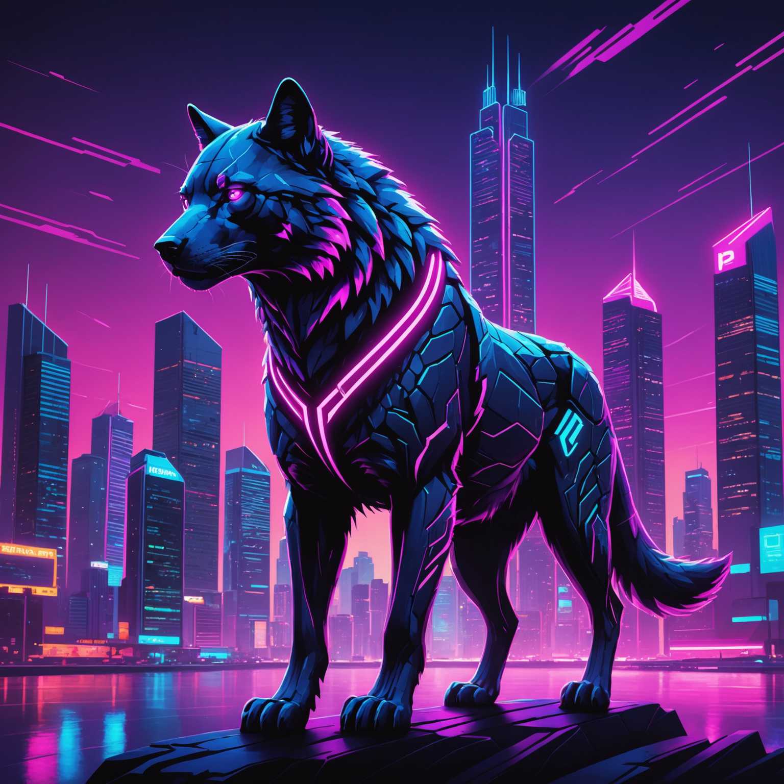 In diesem Synthwave-Bild mit dem Titel "Luminous Shadows" dominiert eine farbenfrohe Palette aus Neonpink, -lila und -blau, die eine leuchtende, andere Welt schafft. Eine futuristische Stadtlandschaft mit hoch aufragenden Wolkenkratzern und Neonlichtern bildet den Hintergrund. Im Vordergrund steht ein majestätisches Tier, eventuell ein Wolf oder Panther, dessen glattes, stilisiertes Fell die Neonfarben widerspiegelt. Die intensiv leuchtenden Augen des Tieres strahlen ein Gefühl von Geheimnis aus. Die durch die Neonlichter erzeugten Schatten fügen der Szene Tiefe und Intrige hinzu und verstärken den surrealen, retro-futuristischen Charakter.
