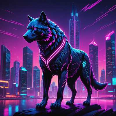 In diesem Synthwave-Bild mit dem Titel "Luminous Shadows" dominiert eine farbenfrohe Palette aus Neonpink, -lila und -blau, die eine leuchtende, andere Welt schafft. Eine futuristische Stadtlandschaft mit hoch aufragenden Wolkenkratzern und Neonlichtern bildet den Hintergrund. Im Vordergrund steht ein majestätisches Tier, eventuell ein Wolf oder Panther, dessen glattes, stilisiertes Fell die Neonfarben widerspiegelt. Die intensiv leuchtenden Augen des Tieres strahlen ein Gefühl von Geheimnis aus. Die durch die Neonlichter erzeugten Schatten fügen der Szene Tiefe und Intrige hinzu und verstärken den surrealen, retro-futuristischen Charakter.