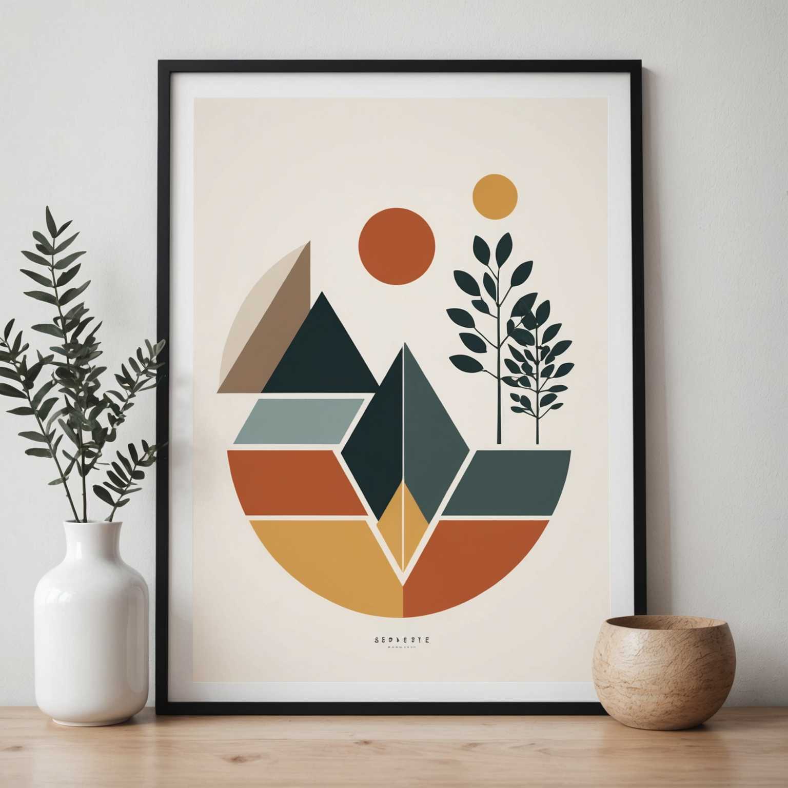 Das Bild zeigt ein minimalistisches Poster im skandinavischen Stil, das durch einfache und saubere Designelemente besticht. Das Kunstwerk verwendet natürliche Farben und geometrische Formen, möglicherweise mit Illustrationen von Natur oder abstrakten Formen. Die Ästhetik ist modern und aufgeräumt, ideal für zeitgenössische Wohnkultur. Das Poster betont Balance und Harmonie, was typische skandinavische Designprinzipien widerspiegelt.