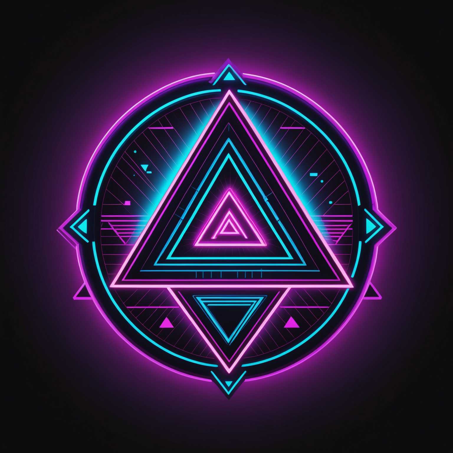 Das Bild zeigt ein lebendiges Synthwave-Neon-Abzeichen, das mit leuchtenden Neonfarben, vorwiegend in Pink, Lila, Blau und Cyan, strahlt und vor einem dunklen Hintergrund leuchtet. Das Design des Abzeichens ist geometrisch und abstrakt und enthält Elemente wie Dreiecke, Gitter und Linien, die für die Synthwave-Ästhetik charakteristisch sind. Einige Abzeichen zeigen stilisierte Texte oder Symbole, die das retro-futuristische Thema verstärken. Der Gesamteindruck erinnert an Grafiken aus den 1980er-Jahren und Neon-Schilder, kombiniert mit einem modernen digitalen Twist.
