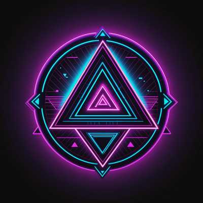 Das Bild zeigt ein lebendiges Synthwave-Neon-Abzeichen, das mit leuchtenden Neonfarben, vorwiegend in Pink, Lila, Blau und Cyan, strahlt und vor einem dunklen Hintergrund leuchtet. Das Design des Abzeichens ist geometrisch und abstrakt und enthält Elemente wie Dreiecke, Gitter und Linien, die für die Synthwave-Ästhetik charakteristisch sind. Einige Abzeichen zeigen stilisierte Texte oder Symbole, die das retro-futuristische Thema verstärken. Der Gesamteindruck erinnert an Grafiken aus den 1980er-Jahren und Neon-Schilder, kombiniert mit einem modernen digitalen Twist.