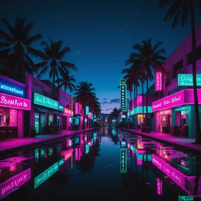 Das Bild zeigt eine lebhafte Nachtszene mit hellen Neonschildern, die die Umgebung erhellen. Die Farbpalette wird von Rosa-, Lila-, Blau- und elektrischen Grüntönen dominiert, die charakteristisch für die Synthwave-Ästhetik sind. Die Neonschilder zeigen Wörter und Phrasen in verschiedenen Schriftarten und Größen, was ein auffälliges und energetisches visuelles Bild erzeugt. Die Reflexionen der Neonlichter verleihen der Umgebung einen leuchtenden Effekt und verstärken das retro-futuristische Flair. Im Hintergrund sind Silhouetten von Gebäuden und möglicherweise Palmen zu sehen, die mit einem Verlaufeffekt in den Nachthimmel übergehen. Die Gesamtatmosphäre ist lebhaft, nostalgisch und pulsiert mit urbaner Energie.