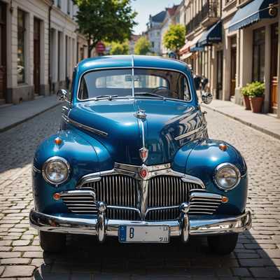 Ein wunderschön restauriertes klassisches Oldtimer-Auto steht in einer ruhigen Straße. Das Auto hat eine glänzende, polierte Außenfläche mit einem lebhaften metallisch-blauen Lack. Seine Chromstoßstangen und Verzierungen glänzen im Sonnenlicht. Der vordere Grill ist mit aufwendigen Details versehen und zeigt das Emblem der Marke in der Mitte. Klassische runde Scheinwerfer und Weißwandreifen verleihen ihm seinen authentischen Vintage-Charme. Das schlanke, geschwungene Karosseriedesign spiegelt die Epoche seiner Entstehung wider. Die Fenster sind leicht getönt, aber das Interieur mit Ledersitzen und einem Holzarmaturenbrett ist durch sie teilweise noch zu sehen. Das Auto ist so positioniert, dass sowohl seine Seite als auch die Vorderansicht sichtbar sind, was seine eleganten Linien und zeitloses Design hervorhebt.