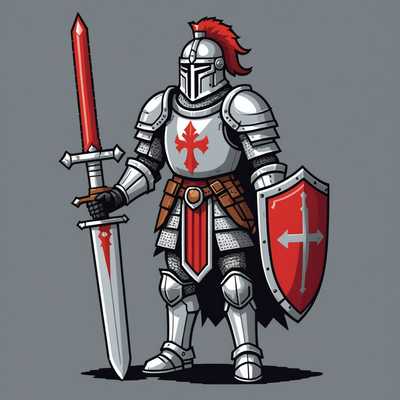 Ein Ritter in silberner Rüstung mit einem roten Federbusch auf dem Helm, der ein Schwert und einen Schild hält. Die Gestaltung im retro 8-Bit-Stil zeigt begrenzte Farben und detaillierte pixelige Merkmale. Der Hintergrund ist eine einfache, einfarbige Fläche, um den Fokus auf den Ritter zu lenken.