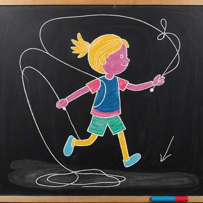Eine bunte Kreidekritzelei auf einer Schultafel zeigt ein Strichmännchen-Kind, das Seil springt.