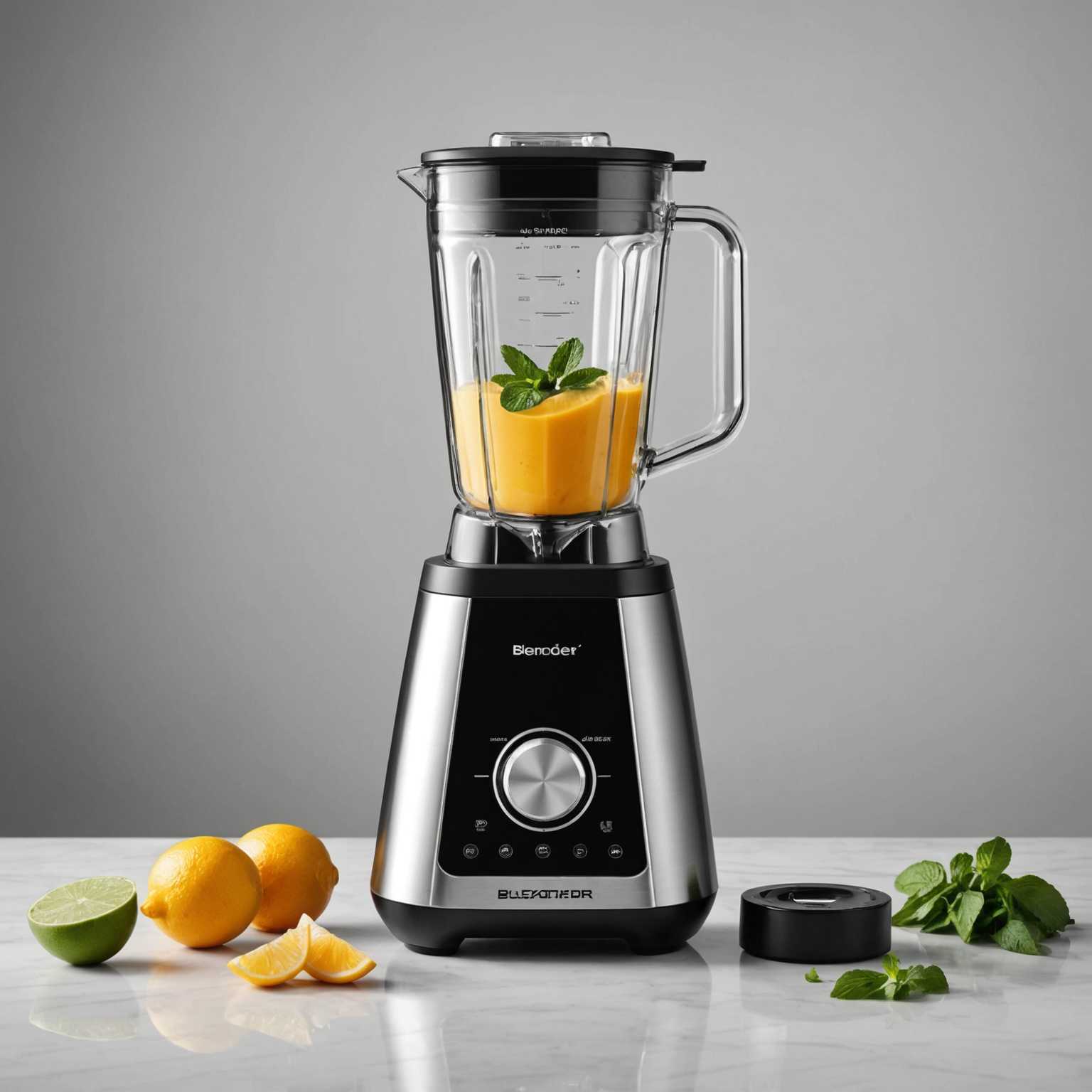 Das Bild zeigt einen eleganten, modernen Küchenmixer aus Edelstahl mit schwarzem Sockel. Der Behälter des Mixers besteht aus klarem Glas, das einen Blick auf die scharfen Metallklingen im Inneren ermöglicht. Der Mixer ist in einem Winkel positioniert, um sein benutzerfreundliches Bedienfeld mit mehreren Tasten und einem kleinen digitalen Display hervorzuheben. Der Hintergrund ist schlicht weiß, was das saubere und elegante Design des Produkts betont. Die Beleuchtung ist hell und gleichmäßig, was dem Mixer ein poliertes und hochwertiges Aussehen verleiht.