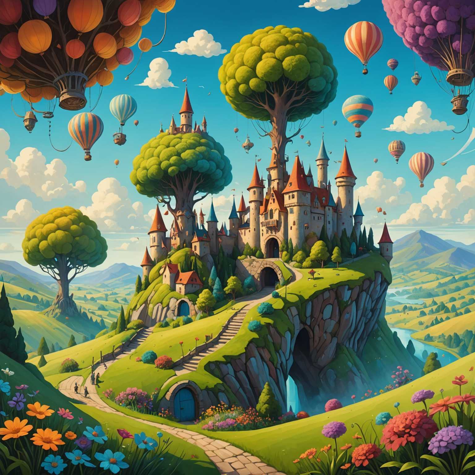 Eine skurrile Szene mit einem lebendigen Land, das sanfte Hügel, skurrile Bäume und merkwürdige Pflanzen zeigt. Der Himmel ist mit schwebenden Schlössern und seltsamen Vorrichtungen gefüllt, was eine Atmosphäre von Wunder und Magie erzeugt.