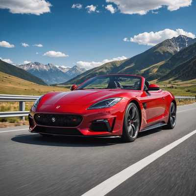 Das Bild zeigt einen schlanken und modernen roten Sportwagen, der auf einer offenen Straße mit bergiger Landschaft im Hintergrund geparkt ist. Das Auto hat eine glänzende Oberfläche, scharfe Scheinwerfer und ein aerodynamisches Design. Die Straße ist glatt, das Wetter ist klar und der Himmel ist strahlend blau mit ein paar fluffigen weißen Wolken. Die Gesamtkomposition vermittelt ein Gefühl von Geschwindigkeit, Luxus und Abenteuer.