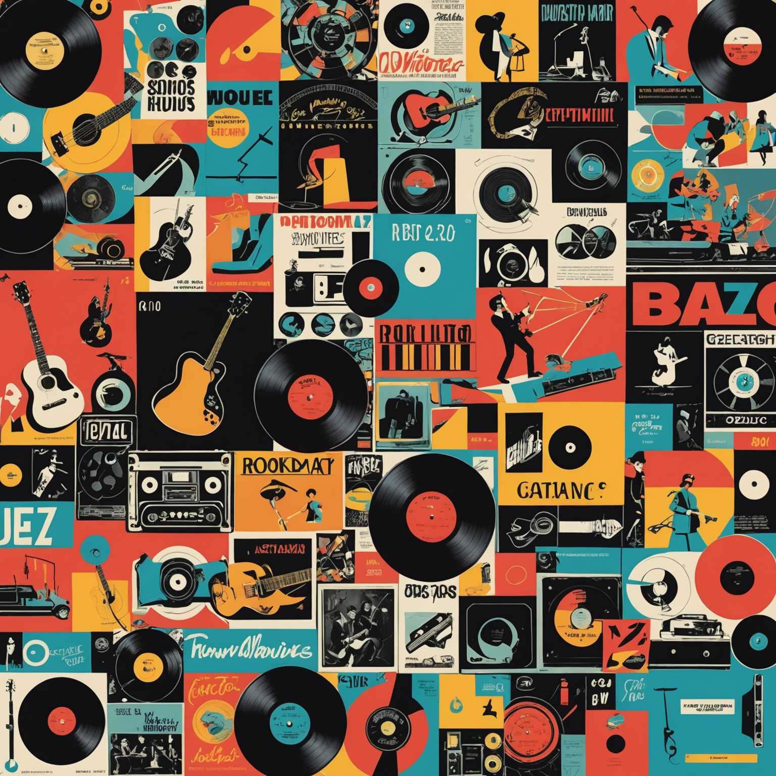 Dieses nostalgische Collage zeigt ein retroes Albumcover, das vintage Kunststile und lebendige Farben präsentiert. Es umfasst verschiedene Musikgenres wie Rock, Jazz und Pop, mit Motiven wie Gitarren, Vinylplatten und klassischer Typografie. Während einige Albumcover monochromatische Themen haben, platzen andere vor kontrastierenden, lebhaften Farben. Die Illustrationen reichen von abstrakten Formen und skurrilen Designs bis hin zu Porträts von Musikern und Bandmitgliedern. Die Albentitel und Künstlernamen sind prominent angezeigt, oft in fetten oder kursiven Schriften, die für vergangene Jahrzehnte typisch sind. Insgesamt ergibt sich eine lebendige und auffällige Komposition, die ein Gefühl der Musikgeschichte und künstlerischen Ausdrucks vermittelt.