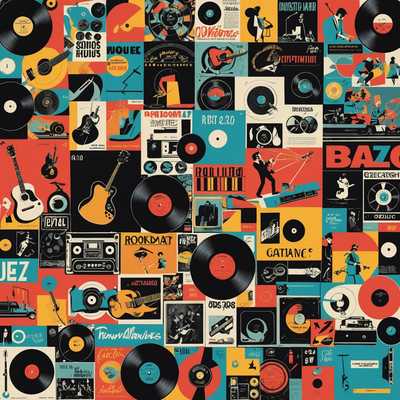 Dieses nostalgische Collage zeigt ein retroes Albumcover, das vintage Kunststile und lebendige Farben präsentiert. Es umfasst verschiedene Musikgenres wie Rock, Jazz und Pop, mit Motiven wie Gitarren, Vinylplatten und klassischer Typografie. Während einige Albumcover monochromatische Themen haben, platzen andere vor kontrastierenden, lebhaften Farben. Die Illustrationen reichen von abstrakten Formen und skurrilen Designs bis hin zu Porträts von Musikern und Bandmitgliedern. Die Albentitel und Künstlernamen sind prominent angezeigt, oft in fetten oder kursiven Schriften, die für vergangene Jahrzehnte typisch sind. Insgesamt ergibt sich eine lebendige und auffällige Komposition, die ein Gefühl der Musikgeschichte und künstlerischen Ausdrucks vermittelt.