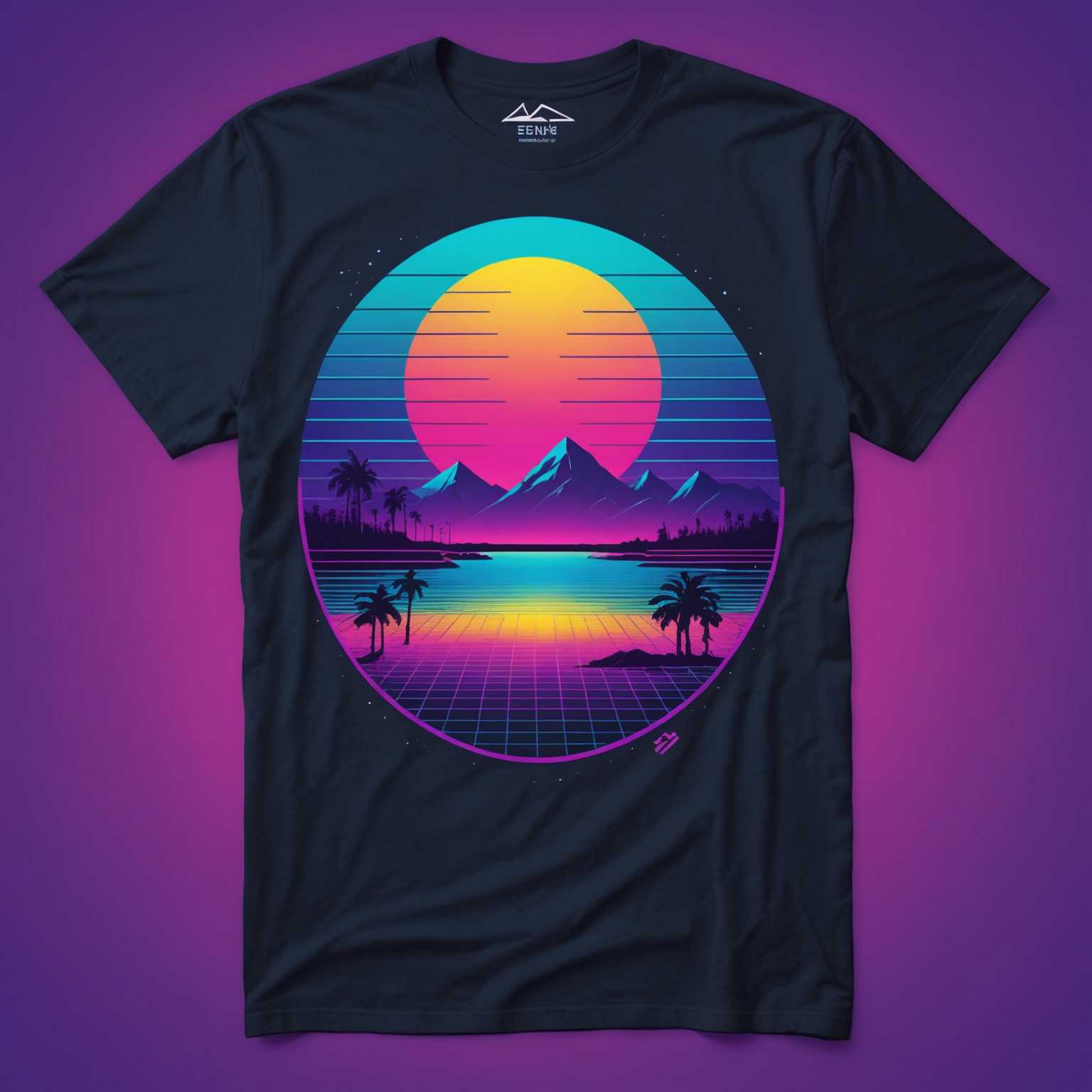 Das Bild zeigt ein lebendiges T-Shirt-Design mit einem deutlichen Retro-Synthwave-Ästhetik. Der Hintergrund ist ein tiefes, neon-durchdrungenes Farbverlauf, der dunkle Violett- und Blautöne mischt und mit hellen Pink- und Türkistönen akzentuiert ist. Im Zentrum des Designs befindet sich eine polygonale, rasterartige Landschaft, die zu einem fernen Horizont aufsteigt, an dem eine große, stilisierte Sonne knapp über dem Rand verschwindet. Die Sonne selbst ist durch horizontale Linien segmentiert, die einen leuchtenden Effekt erzeugen, der von Gelb in der Mitte zu heißem Pink an den Rändern übergeht. Über der Landschaft ist der Nachthimmel mit digitalen Sternen und geometrischen Formen übersät, was eine futuristische, 80er-Jahre-Cyberpunk-Stimmung vermittelt. Um das Retro-Gefühl zu verstärken, gibt es kühne, eckige Formen und Blitze, die mit Vaporwave-Motiven im gesamten Design durchsetzt sind.