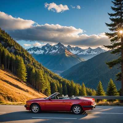Ein elegantes, rotes Cabriolet, das auf einer kurvigen Bergstraße geparkt ist. Die Berge sind üppig und grün, mit schroffen Gipfeln, die mit Schnee bedeckt sind. Der Himmel ist strahlend blau mit ein paar flauschigen weißen Wolken. Die Sonne wirft ein warmes, goldenes Licht, das sich auf der glänzenden Oberfläche des Autos widerspiegelt. Die Straße windet sich anmutig durch die Landschaft, gesäumt von hohen Kiefern und bunten Wildblumen. In der Ferne gibt es einen glitzernden See, der die umliegenden Berge widerspiegelt. Die Szene ist insgesamt ruhig und fängt die Schönheit der Natur und die Eleganz des Fahrzeugs ein.