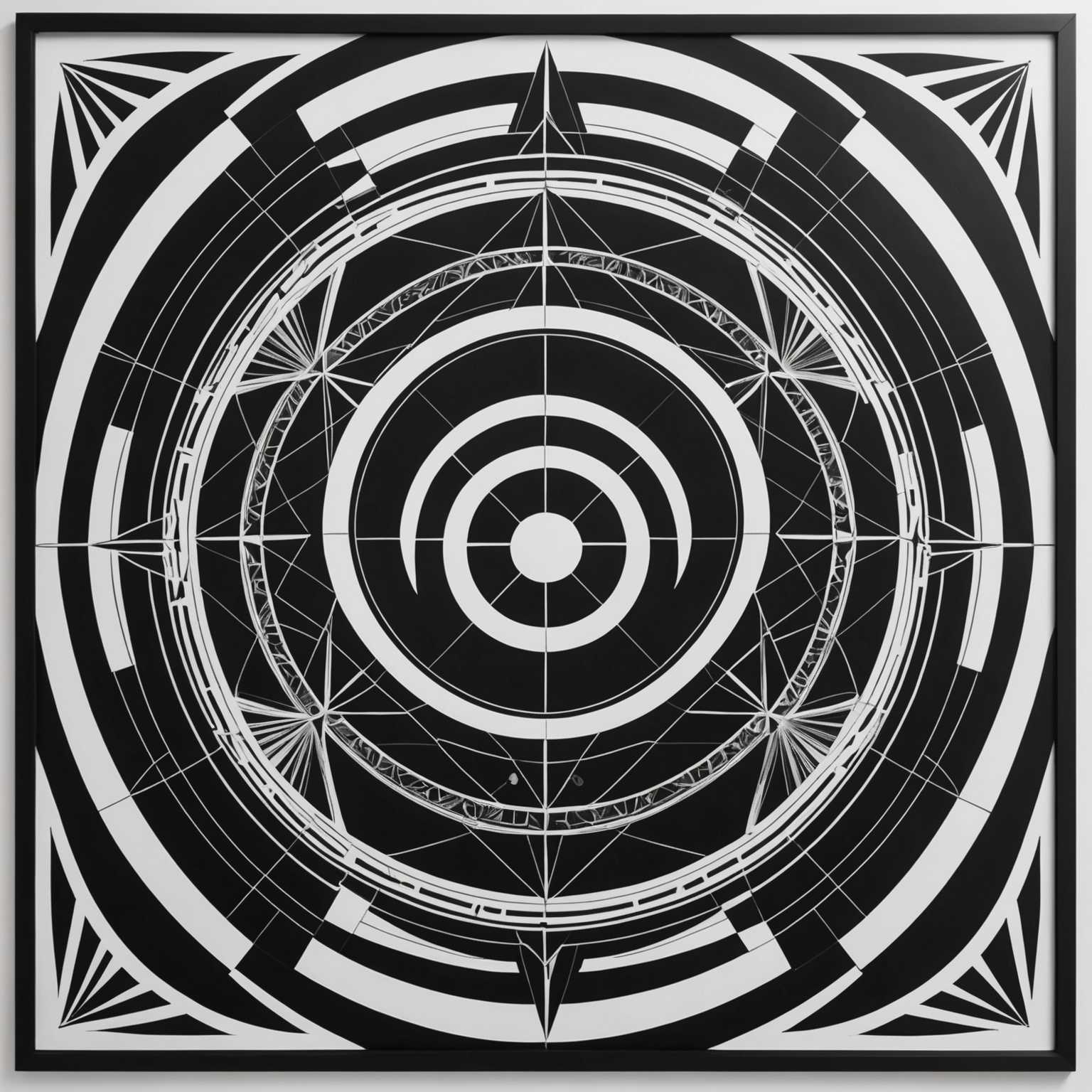 Das Bild zeigt ein auffälliges schwarz-weißes geometrisches Kunstwerk. Es enthält eine Reihe miteinander verbundener und überlappender Formen, darunter Kreise, Dreiecke, Quadrate und Linien, die alle in kontrastreichen Schwarz-Weiß-Tönen dargestellt sind. Die Muster sind detailliert und raffiniert, was dem Design ein Gefühl von Tiefe und Bewegung verleiht. Die Komposition ist symmetrisch, mit einer ausgewogenen Verteilung von Formen und Strukturen, die sowohl abstrakt als auch präzise sind. Die Gesamtwirkung ist modern und visuell faszinierend, mit einer minimalistischen, aber komplexen Ästhetik.