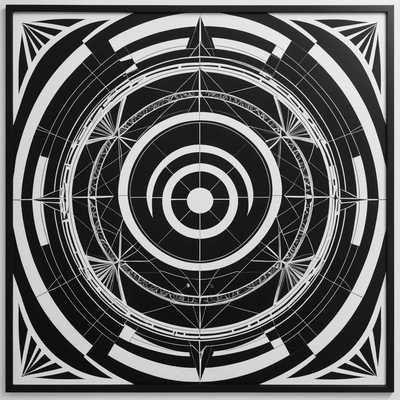 Das Bild zeigt ein auffälliges schwarz-weißes geometrisches Kunstwerk. Es enthält eine Reihe miteinander verbundener und überlappender Formen, darunter Kreise, Dreiecke, Quadrate und Linien, die alle in kontrastreichen Schwarz-Weiß-Tönen dargestellt sind. Die Muster sind detailliert und raffiniert, was dem Design ein Gefühl von Tiefe und Bewegung verleiht. Die Komposition ist symmetrisch, mit einer ausgewogenen Verteilung von Formen und Strukturen, die sowohl abstrakt als auch präzise sind. Die Gesamtwirkung ist modern und visuell faszinierend, mit einer minimalistischen, aber komplexen Ästhetik.