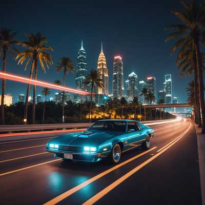 Unterhalb der Skyline fährt ein schlankes, retro-futuristisches Auto auf einer Autobahn entlang, dessen Scheinwerfer Lichtstrahlen auf die Straße werfen. Entlang der Autobahn stehen Palmen, deren Details durch das Neonlicht hervorgehoben werden.