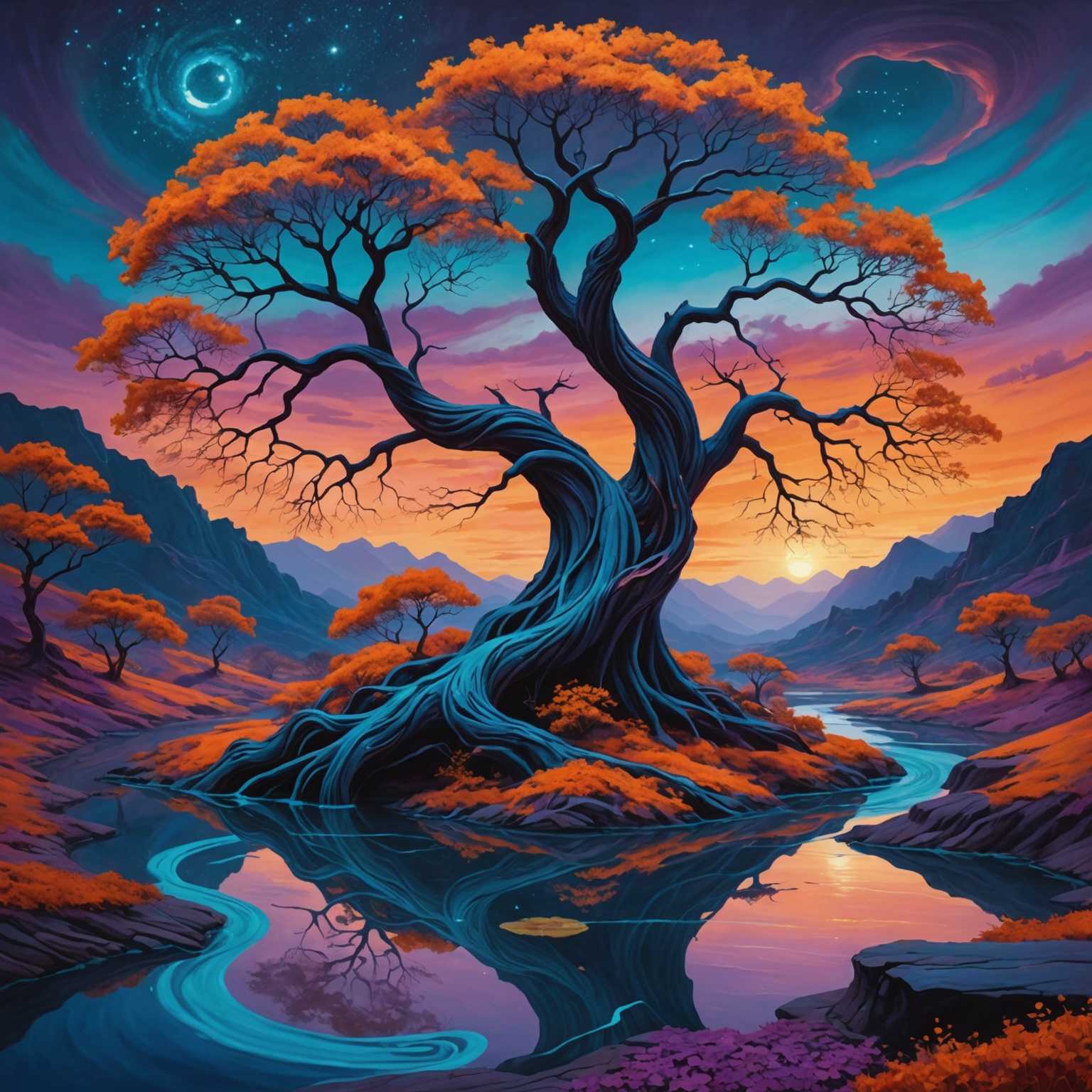 Die Bild zeigt eine surreale Landschaft in lebendigen Farben. Im Vordergrund steht ein großer, verdrehter Baum mit indigo Blättern und einem spiralförmigen Stamm, der mit goldenen Adern glitzert. Der Himmel ist ein faszinierender Mix aus Dämmerungsfarben – dunkle Purpur-, feurige Orange- und zarte Rosa-Töne, die wie eine Malerpalette verblendet sind. Ätherische, halbtransparente Strukturen ähneln schwebenden Inseln, jede von einem inneren Licht erleuchtet, das ein weiches Licht auf die Umgebung wirft. Ein Fluss aus flüssigem Licht, funkelnd in Türkis- und Silbertönen, schlängelt sich durch die Landschaft und spiegelt das Farbenspiel darüber wider. Seltsame, außerirdische Flora mit leuchtenden Blütenblättern schmücken die Szenerie und verstärken die traumhafte Qualität. In der Ferne ist die Silhouette einer fantastischen Stadt mit Türmen und Spitzen in Form von geschwungenen Ranken sichtbar, eingebettet in einen Nebel, der ihr eine geisterhafte Aura verleiht. Mehrere schwebende Lichtkugeln, wie Irrlichter, tanzen um die Szene und verbreiten einen bezaubernden Glanz. Das gesamte Bild vermittelt eine Atmosphäre von lebendiger, surrealer Schönheit, als ob es den Betrachter in eine Traumwelt einlädt, in der Realität auf Fantasie trifft.