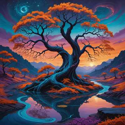 Die Bild zeigt eine surreale Landschaft in lebendigen Farben. Im Vordergrund steht ein großer, verdrehter Baum mit indigo Blättern und einem spiralförmigen Stamm, der mit goldenen Adern glitzert. Der Himmel ist ein faszinierender Mix aus Dämmerungsfarben – dunkle Purpur-, feurige Orange- und zarte Rosa-Töne, die wie eine Malerpalette verblendet sind. Ätherische, halbtransparente Strukturen ähneln schwebenden Inseln, jede von einem inneren Licht erleuchtet, das ein weiches Licht auf die Umgebung wirft. Ein Fluss aus flüssigem Licht, funkelnd in Türkis- und Silbertönen, schlängelt sich durch die Landschaft und spiegelt das Farbenspiel darüber wider. Seltsame, außerirdische Flora mit leuchtenden Blütenblättern schmücken die Szenerie und verstärken die traumhafte Qualität. In der Ferne ist die Silhouette einer fantastischen Stadt mit Türmen und Spitzen in Form von geschwungenen Ranken sichtbar, eingebettet in einen Nebel, der ihr eine geisterhafte Aura verleiht. Mehrere schwebende Lichtkugeln, wie Irrlichter, tanzen um die Szene und verbreiten einen bezaubernden Glanz. Das gesamte Bild vermittelt eine Atmosphäre von lebendiger, surrealer Schönheit, als ob es den Betrachter in eine Traumwelt einlädt, in der Realität auf Fantasie trifft.