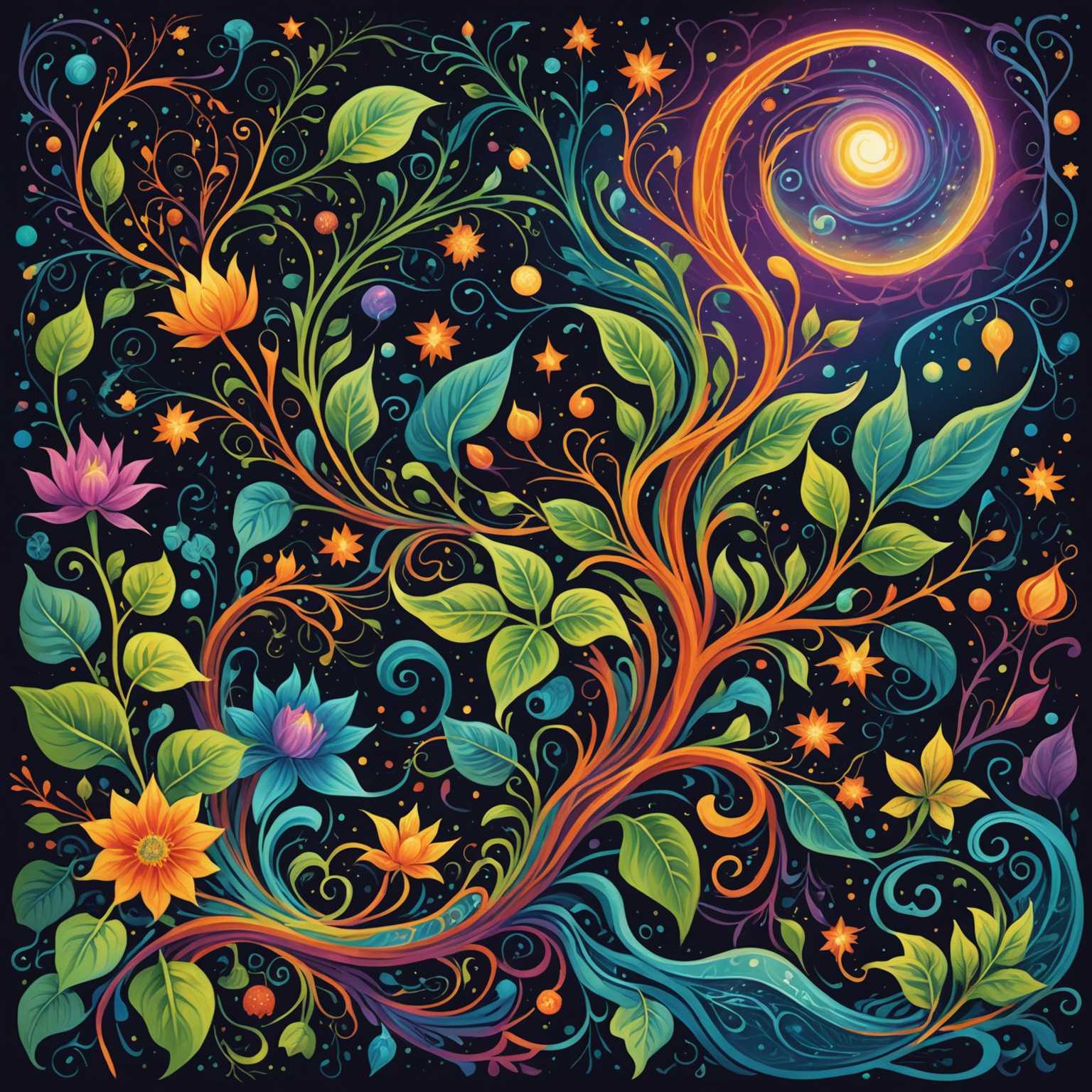 Eine hochdetaillierte, lebendige und surreale Illustration einer fantastischen Pflanze mit wirbelnden Ranken und fließenden Bächen, die kräftige, wirbelnde Farben aufweist, die ineinander übergehen und eine hypnotische und traumähnliche Atmosphäre schaffen. Kosmische Bilder wie Sterne, Galaxien und Himmelskörper sind in die Komposition integriert, mit einem Hintergrundgradienten intensiver Farben, die von dunkel zu hell übergehen, die Tiefe verstärken und ein Gefühl von Andersweltlichkeit einfangen.