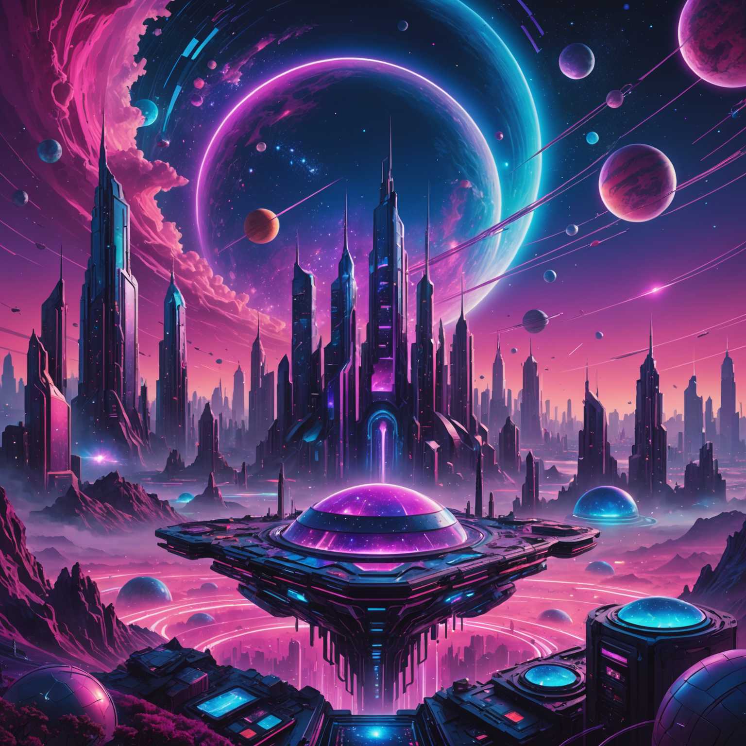 Ein lebendiges, neonfarbenes Landschaftsbild mit surrealer und traumhafter Atmosphäre. Im Mittelpunkt steht eine futuristische Stadtansicht mit leuchtenden Wolkenkratzern in Pink-, Lila- und Blautönen. Der Himmel darüber ist mit psychedelischen Sternen, Planeten und wirbelnden kosmischen Mustern gefüllt. Im Vordergrund befindet sich eine schlanke, metallische Struktur, die einem Synthesizer ähnelt, mit lebhaften, pulsierenden Lichtern und komplexen grafischen Elementen. Der Kunststil ist stark von 80er-Jahre-Retro-Futurismus beeinflusst und zeichnet sich durch mutige geometrische Formen, Gitter und ein Gefühl von Tiefe und Perspektive aus. Strahlende, wellenförmige Muster und holografische Texturen durchdringen die gesamte Szene und erzeugen ein visuell trippiges und fesselndes Erlebnis.
